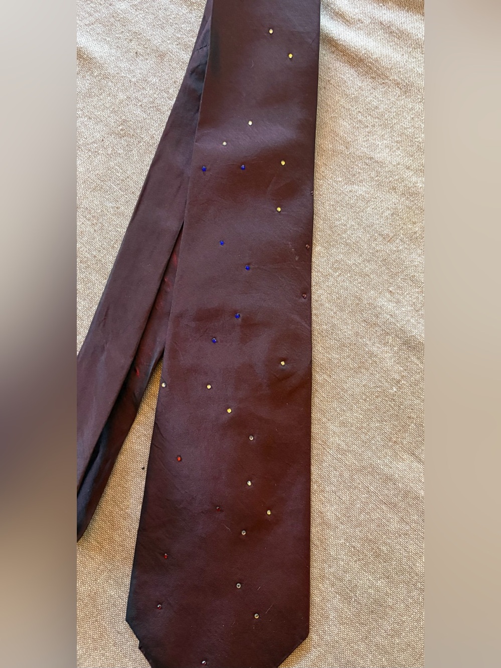 NICOLE FARHI Burgundy Silk Tie with Multicolor Mini Sequins